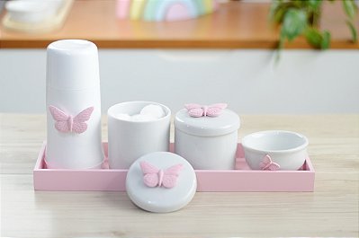Kit Higiene Porcelana Bebê Maternidade K074 Borboleta Infantil Decoração Quarto Meninas Pote Algodão Cotonete