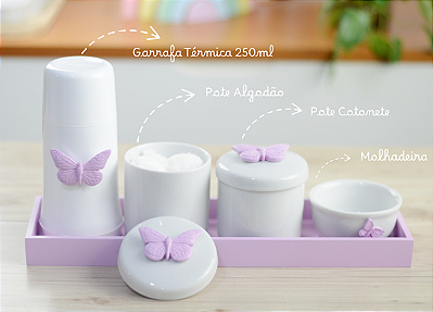 Kit Higiene Porcelana Bebê Maternidade K074 Borboleta Lilas Potes Porcelana Algodão Cotonete