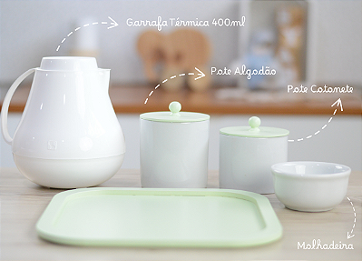 Kit Higiene Bebê Quarto Infantil Potes Porcelana Algodão Cotonete Verde Unissex Moderno