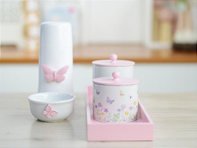Kit Higiene Porcelana Bebê Maternidade K174 Rosa Tema Borboleta Jardim Encantado Quarto Meninas