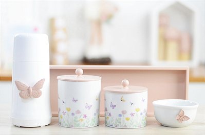 Kit Higiene Porcelana Bebê K174 Borboleta Rosê Maternidade Bebê Quarto Meninas Pote Algodão Cotonete