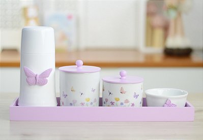 Kit Higiene Porcelana Maternidade Borboleta Quarto Infantil K174 Bebê Lilas Potes Algodão Bancada Decoração