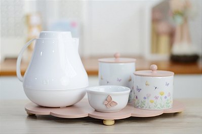 Kit Higiene Porcelana Bebê Tema Borboleta Rosê Maternidade K175 Potes Algodão Cotonete Quarto Meninas