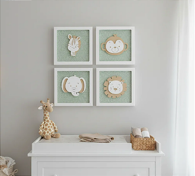 Kit 04 Quadros Bebê Maternidade Decoração Infantil Leão Tema Safari Quarto Infantil Bebê Meninos