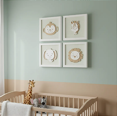 Kit 04 Quadros Maternidade Quarto Bebê Infantil Tema Safari Leão Macaco Zebra Elefante Moldura Parede Quarto Meninos