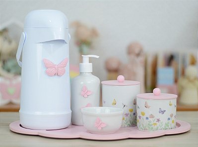 Kit Higiene Cuidados Bebê Maternidade Porcelana Menina Borboleta Jardim K060 Rosa Quarto Infantil