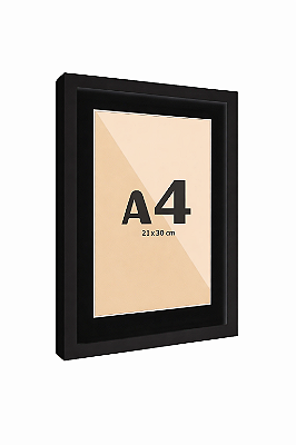 Moldura A4 21x30cm Preta Com Vidro E Paspatur Preto De 3 Cm P/ Imagem