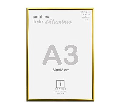 Moldura A3 30x42cm Alumínio Vidro Simples Alvará Certificado - DOURADO