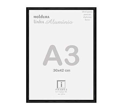Moldura A3 30x42cm Alumínio Vidro Simples Alvará Certificado - PRETA
