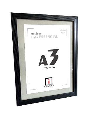 Moldura Ripada C/ Vidro e Paspatur de 3 Cm P/ Imagem A3 30x42 - PRETA