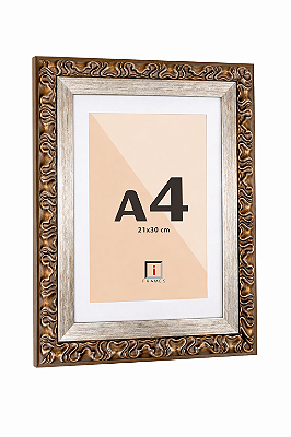 Moldura A4 21x30 cm Clássica Ornamental Com Paspatur - Bronze Envelhecido com Filete Prata - VIDRO