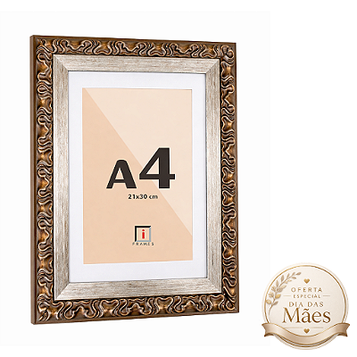 Moldura Premium A4 21x30 cm Clássica Ornamental C/ Acabamento Bronze Com Paspatur