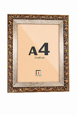 Moldura A4 21x30 cm Clássica Ornamental - Bronze Envelhecido com Filete Prata - VIDRO