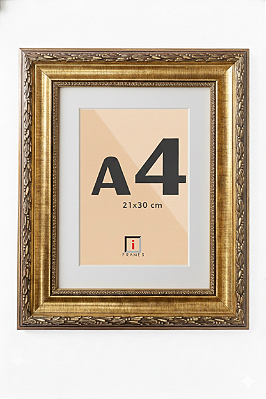 Moldura A4 21x30 cm Clássica Dourada Com Paspatur– Estilo Barroco P/ Imagens Fotos