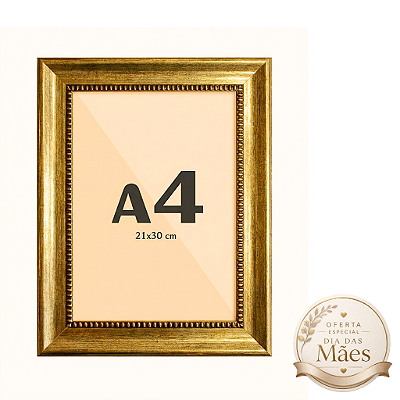 Moldura Premium Dourada Aurum A4 21x30 cm Clássica C/ Vidro Frontal