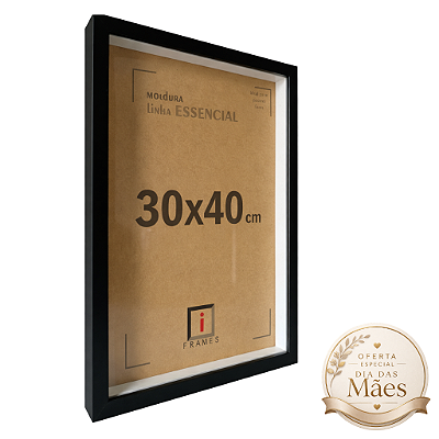Moldura 30x40 cm Caixa Alta 3x1,5 cm C/ Espaçamento 1,8 cm C/ Vidro - PRETA