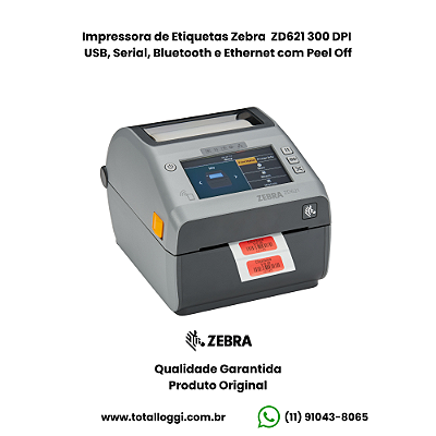 Impressora Zebra ZD621 300dpi – USB, Serial RS232, com Peel Off