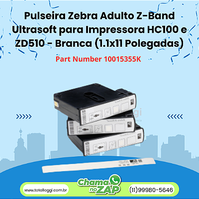 Pulseira Zebra Adulto Z-Band Ultrasoft para Impressora HC100 e ZD510 - Branca (1.1x11 Polegadas)