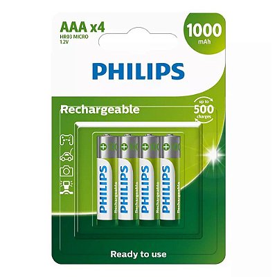 Pilha Recarregável Philips AAA 1000mAh com 4 unidades