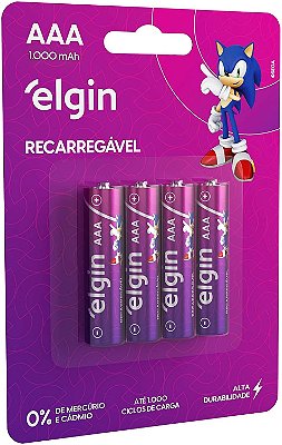 Pilha Recarregável Elgin AAA 1000mAh com 4 Unidades