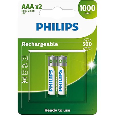 Pilha Recarregável Philips AAA 1000mAh com 2 unidades