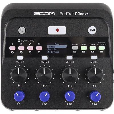 Gravador Portátil de Podcast Multitrack com Redução de Ruído por IA - Zoom PodTrak P4 Next