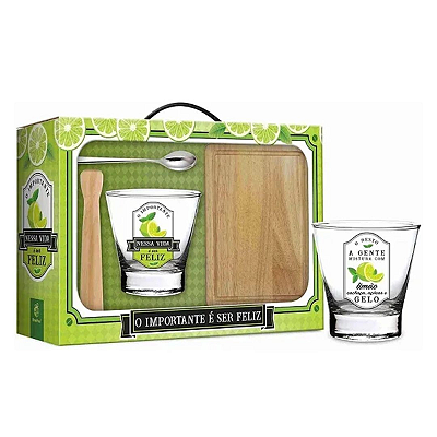 KIT CAIPIRINHA COM COPO SOCADOR E TÁBUA - O IMPORTANTE É SER FELIZ