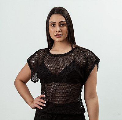 Blusa cropped renda preta Excentric Beachwear