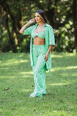 Camisa de Praia Desireé Verde Listrada com Cinto