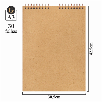 Caderno de Desenho A3 Capa Dura Kraft - 30 folhas 180 g/m²