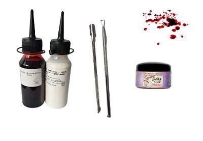 Kit maquiagem zumbi latex + sangue falso+ + massa + espatulas
