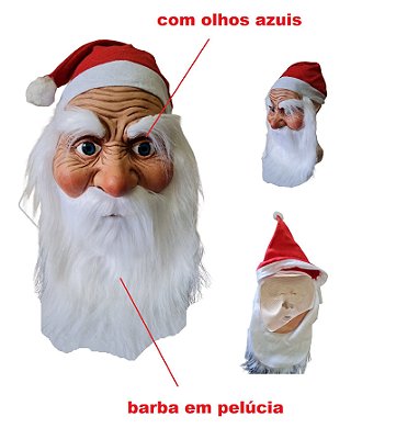 Fantasia Máscara Látex Papai Noel c/ Olhos Azuis Gorro Barba