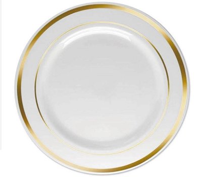 Kit 36 Prato Rasos De Jantar descartáveis Branco Dourado plástico rigido