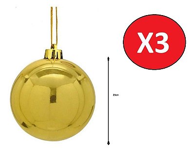 Kit 3 Bolas De Natal Lisa Dourada brilhosa 25cm decoração