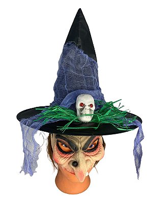 Fantasia Bruxa Assustadora Mascara de látex + Chapéu caveira