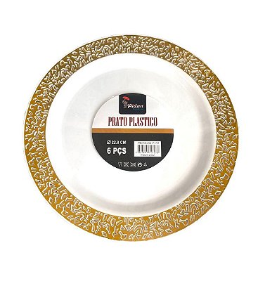 Prato decorado borda dourada Plástico reutilizável 12un