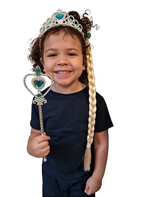 Fantasia Princesa  C/ Trança cabelo loiro coroa e varinha
