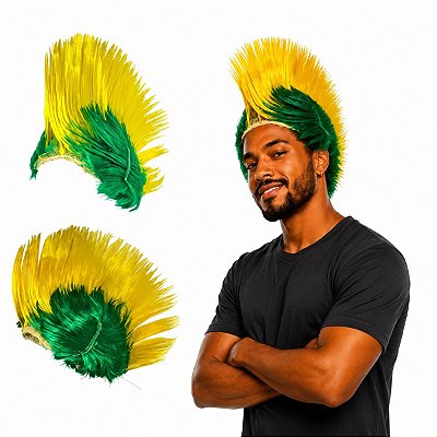 Peruca Moicano punk Brasil Verde e Amarela Fantasia Torcida
