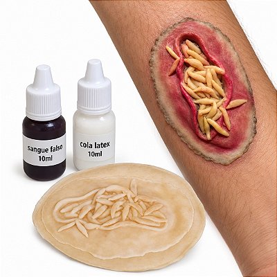 Prótese maquiagem terror ferida c/ bichos + látex +sangue