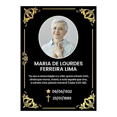 Placa Túmulo Lápide Foto Nome Datas Frase Dourado 20x28