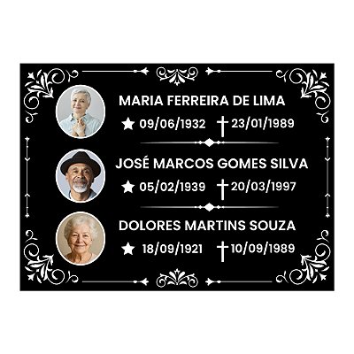 Placa Túmulo Lápide 3 Pessoas Foto Colorida Nome Datas 20x28