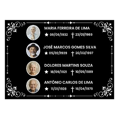 Placa Túmulo Lápide 4 Pessoas Foto Colorida Nome Datas 20x28