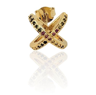 Brinco X-3D com zircônias coloridas banhado ouro