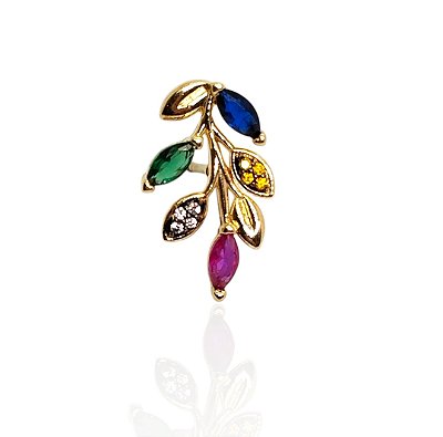 Brinco ramo de folhas com zircônias coloridas banhado ouro