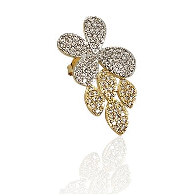 Brinco flor bicolor com 8 pétalas cravejado banhado misto