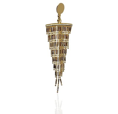 Brinco franja triangular malha palito base redonda banhado ouro