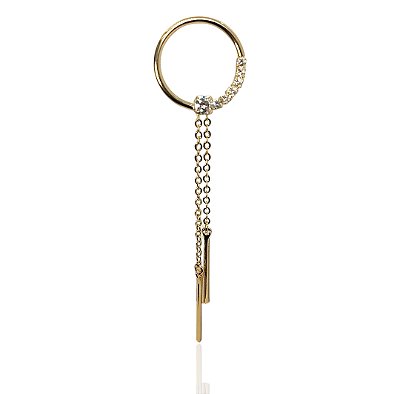 Brinco pendulo aro cravejado e 2 correntes zircônias banhado ouro