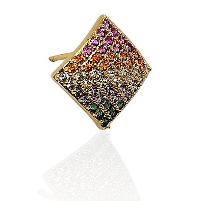 Brinco losango convexo cravejado colorido banhado ouro