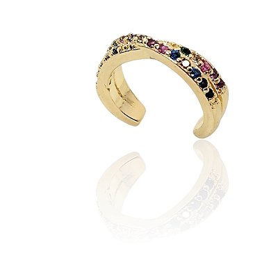 Brinco argola dupla cruzada cravejado colorido piercing fake banhado ouro - 1pç