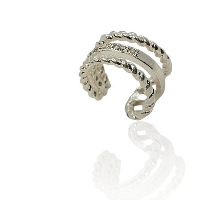 Brinco argola tripla 2 argolas torcidas e 1 central cravejado piercing fake banhado prata - 1pç